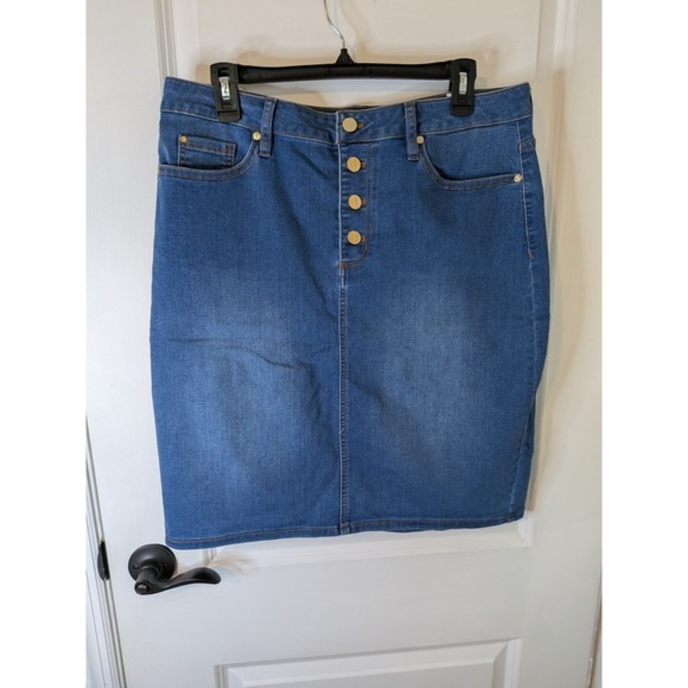 Jones New York Signature Lexington Blue Denim Pencil Skirt Gold Button Fly 12
